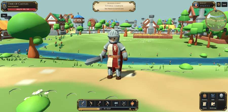 Time of Castles development gameplay: a knight beside a river with a medieval town beyond.