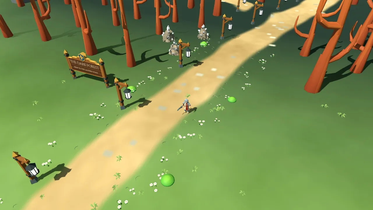 Development capture of an adventurer on a lantern-lined woodland road at the Dark Forest.